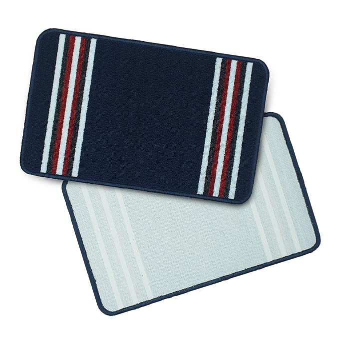 Soft Anti Slip Door Mat Set of 1, Anti-Skid Nylon Rectangular Bathroom Mats Water Soak, 57 X 37 Cm, Navy Blue Stripes Design, Best Kitchen Accessories Items for Home & Bathroom