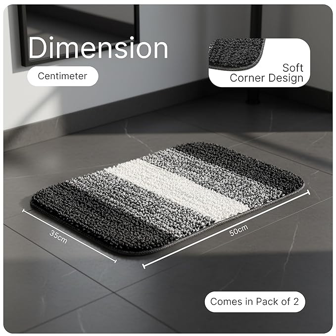SARAL HOME EASY LIVING Microfiber Striped Rectangle Shaped Anti-Skid Bath Mats | Soft & Super Absorbent Mats for Shower | Washable, Non-Slip & Quick-Drying Mats, 35x50 CM | Pack of 2 (Black)