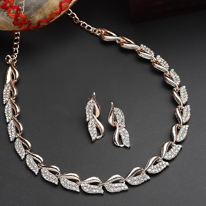 ZENEME Women American Diamond Studded Intrcately Designed Leaf Shaped Necklace With Earring Jewellery Set For Women and Girl