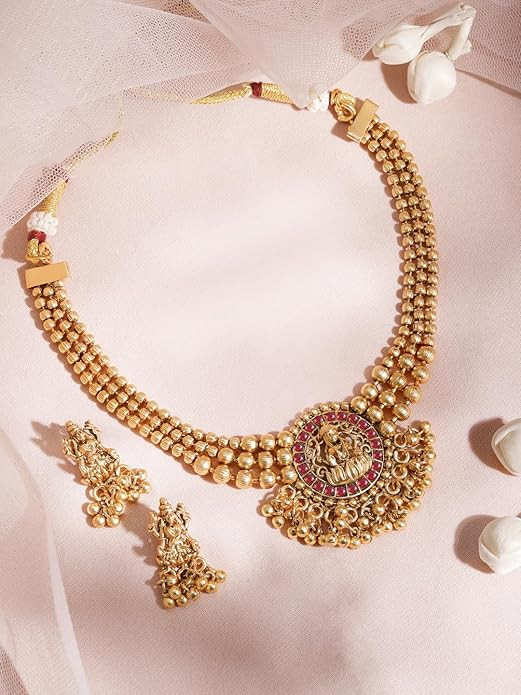 Rubans 22K Gold-Plated Green/Red Stone & Gold Beaded Peacock/Lakshmi Design Traditional Necklace Set