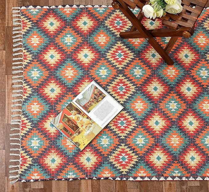 Handmade Sustainable Printed Modern Dhurrie/Rugs/Carpet upcycled from Scrap Fabric for Living Room/Bedside Runner for Enhanced Decor (2x3 feet)