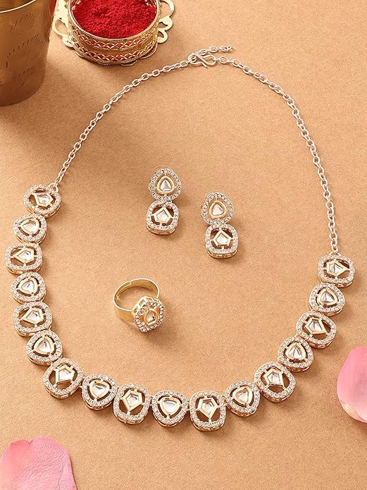 ZAVERI PEARLS Gold Tone Kundan & Dazzling Austrian Diamonds Necklace Earring & Ring Set For Women
