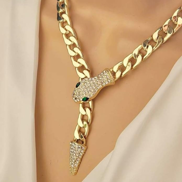 Via Mazzini Gold Plated Emerald Mystique Gaze Snake Link Chain Luxe Stylish Choker Necklace for Women And Girls (NK1331) 1 Pc