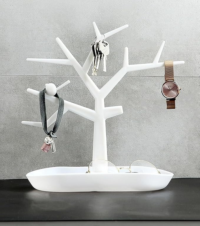 wolpin Plastic Tree Key Holder with Tray White | Decorative Key Hanger for Home Hallway Dressing Table | Multiple Key Hooks with Storage Box | Watch Holder Organiser for Home Décor