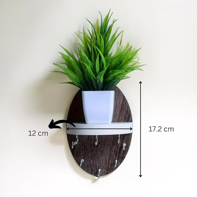 Key Holder for Home | Wall Stylish Key Stand | Key Chain Holders for Wall | Key Hanger | Free Artificial Plant Pot | 8 Hooks (Dark Brown - Oval) | Engineered Wood