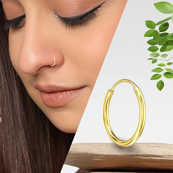 VAMA FASHIONS 18k Gold Plated Anti Tarnish Piercing Nose Ring Plain Round Bali Nosepin Comfortable Lightweight Hoop Nosering For women & girls