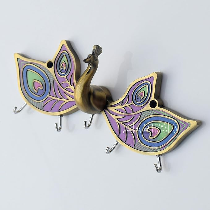 3D Peacock Key Holder, Metal Handicraft Bird Key Hanger Stand, Wall Mount Home Decor Gift (Antique Brass)