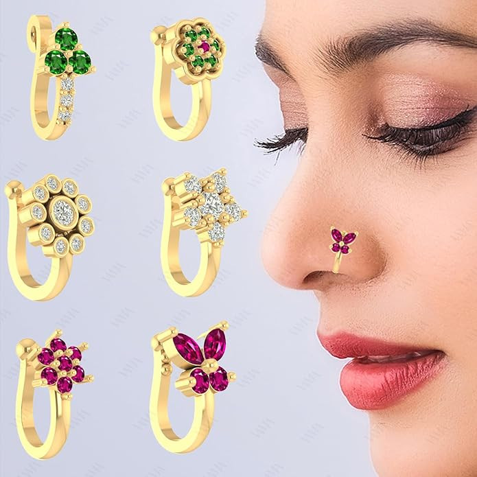 VAMA FASHIONS 6 Pcs 18K Gold Plated Anti Tarnish Clip on Nose pin without Hole Non Piercing Pressing Type Nose ring Stud for Women & Girls