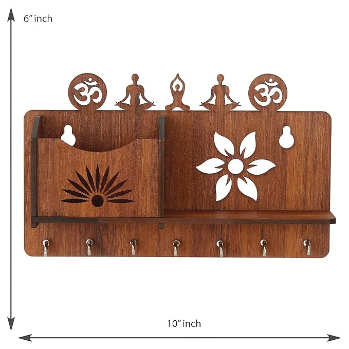 CAPIO ART Wooden Key Holder for Home Decor Stylish | Key Hangers for Wall | Decorative Key Stand for Wall | Key Chain Holder with Mobile Stand | 7 Hooks & Shelf, 10" by 6" | Office Key Holder | Brown