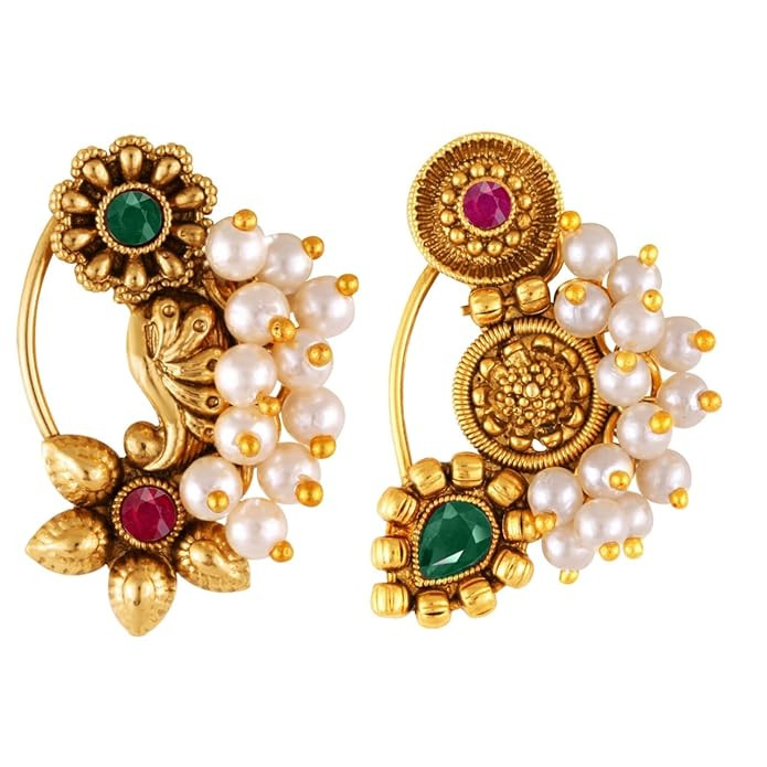 Vighnaharta Golden Moti Pearls Nath Nathiya nose pin Gold Plated Alloy two Nose Ring for women [VFJ1180-1168NTH-Press-Multi]