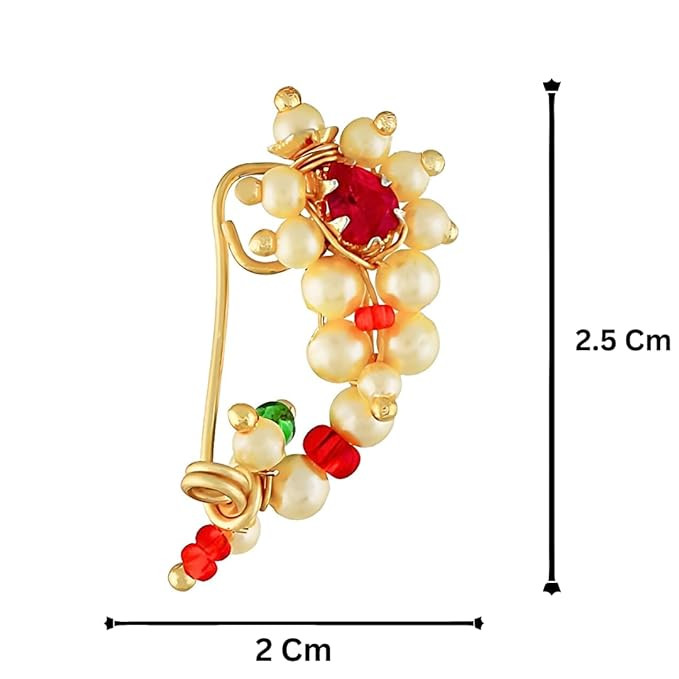 Small Size Traditional Maharashtrian Nose ring for women without piercing Pearl Gold Plated Nath Clip On Nose Ring For Girls (Pack of 2)