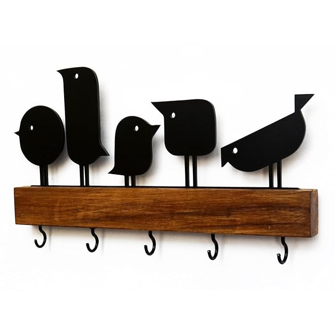 Bird on Wood Metal Key Holder | Branch & Bird Wall Key Rack with Wooden Base | 5-Hook Keychain Organizer & Decorative Entryway Hanger | Stylish Home & Office Wall Decor