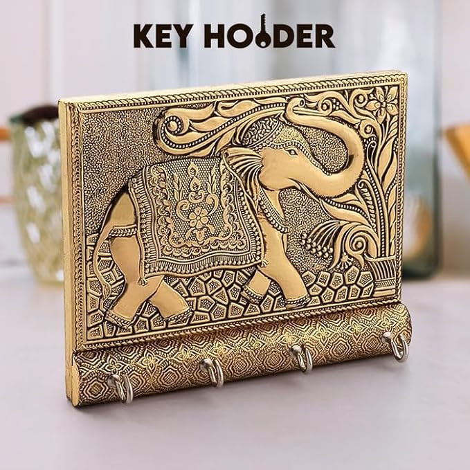 Oblivion Wooden Key Holder for Home Decor 1 Pc – Stylish Metal Golden Color Antique Elephant Design, Wall Mounted Key Chain Holder with 4 Hooks, Matte Finish Designer Key Stand, Decorative Home Items