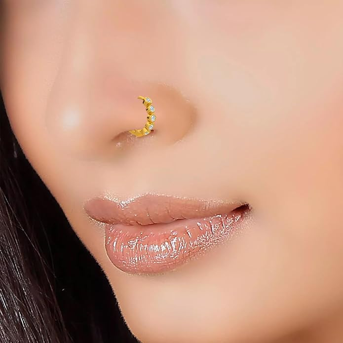 VAMA FASHIONS Gold Plated Crystal Stone Piercing Pierced Nose Ring Pin Hole Type Nosepin for Women & Girl