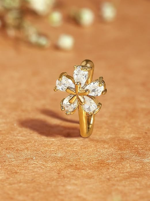 Ami Gold Tone Cubic Zirconia Flower Contemporary Brass Clip On Nose Pin For Women-ZPFK19337