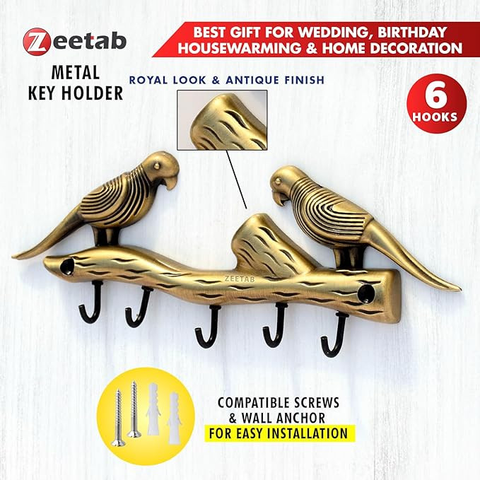 Two Love Bird Key Holder with 5 Hooks | Parrots Brass Key Stand & Wall Mount Hanger | Home Decor & Housewarming Gift 21x7cm (Antique)