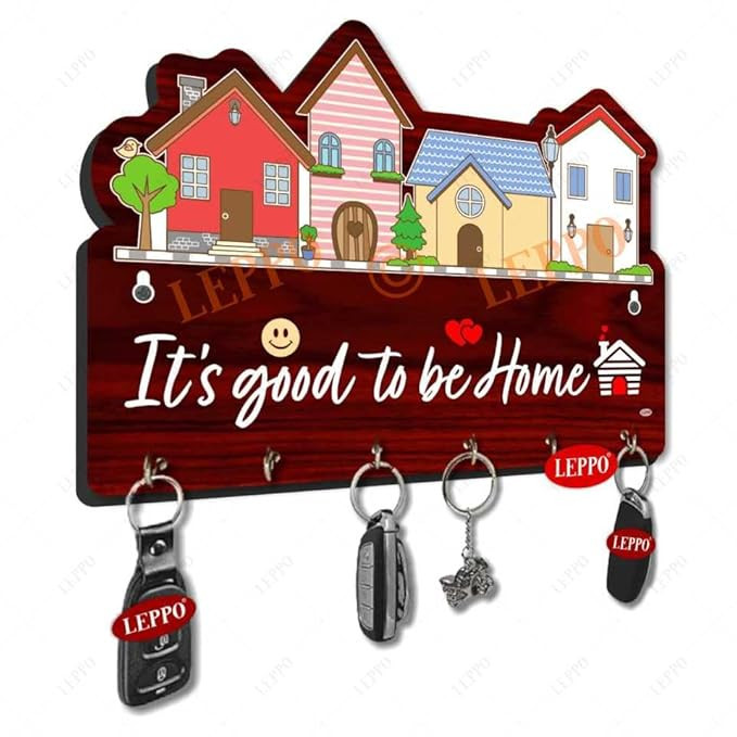 LEPPO Home Keys Wooden Key Holder (23 cm x 15 cm x 0.4 cm) Dl315 I 6 Hooks I Wall Decoration Item for Home Decor
