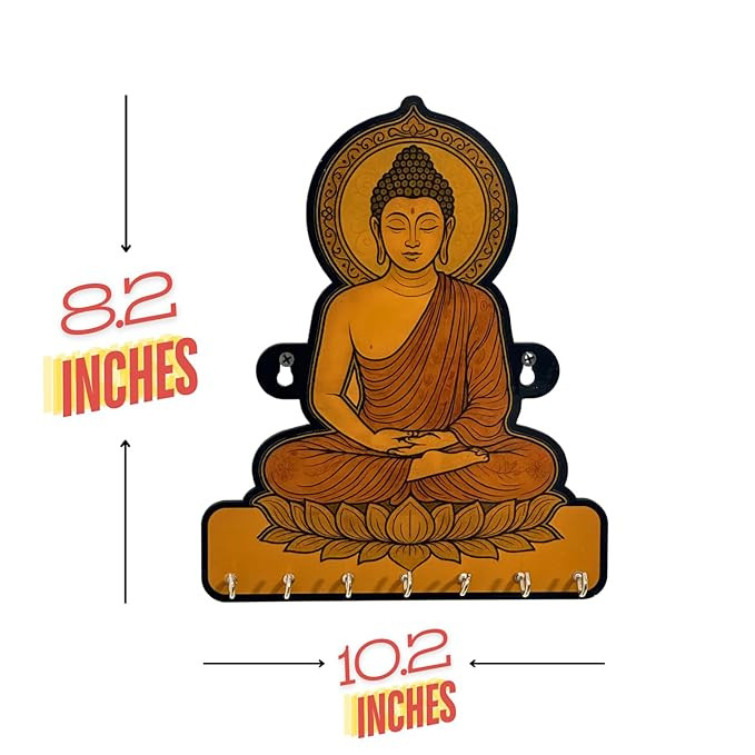 Lord Buddha Wooden Key Holder – MDF UV-Printed Peaceful Wall Décor (8.6 x 9.4 in) | Key Hanger for Living Room, Bedroom, Guest Room & Home Decoration