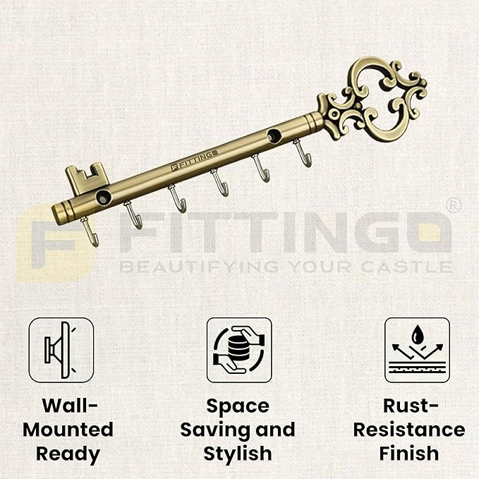 Royal Chavi-Shaped Key Holder/Rajwadi Key Stand with 6 Hook & Brass Metal Wall Mount Key Hanger/Home Decor Gift (23x5cm) Brass Antique Finish