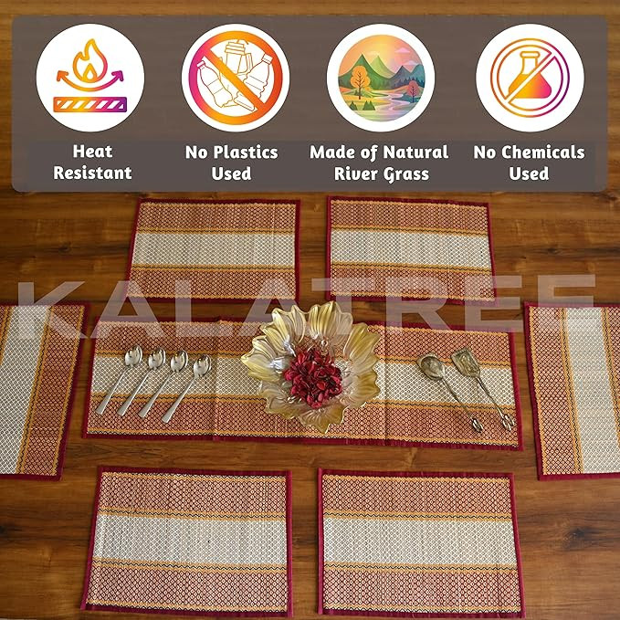 Handmade River Grass Dining Table Mats Set of 6 Pieces & Runner | Heat Resistant Korai Grass Dining Mats | Natural Eco Friendly Madurkathi Placemats for Dining Table | Sangreal Tablemats