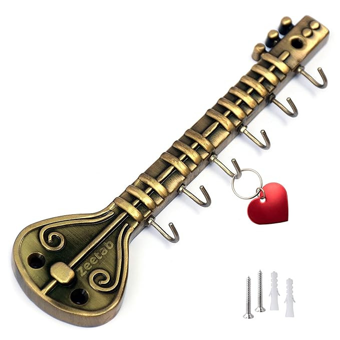 Sitar Key Holder with 6 Hook, Veena Royal Art Key Stand & Guitar Wall Mount Hanger for Music Lover, Home Decor Gift, 8 Inch (Chrome)