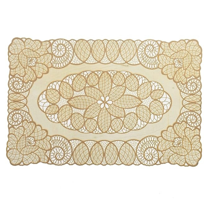 Kuber Industries Floral Design Virgin Viny Soft Fabric Set of 6 Pieces Dining Table Round Placemat Set (Gold, Design May Vary) - Ctktc45906, Polyester