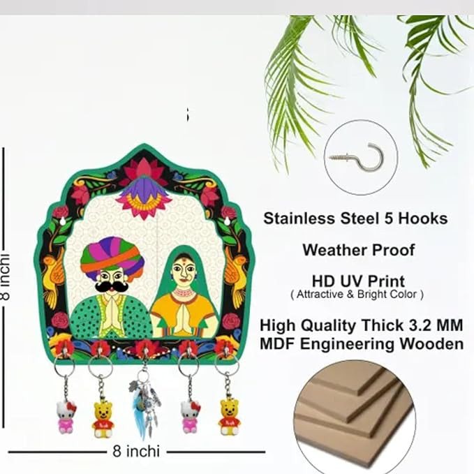 Rajasthani Prinyted MDF Key Holder for Wall Decor, Key Holder for Living Room Wall Decor Stylish, Key Hanger, Multicolour