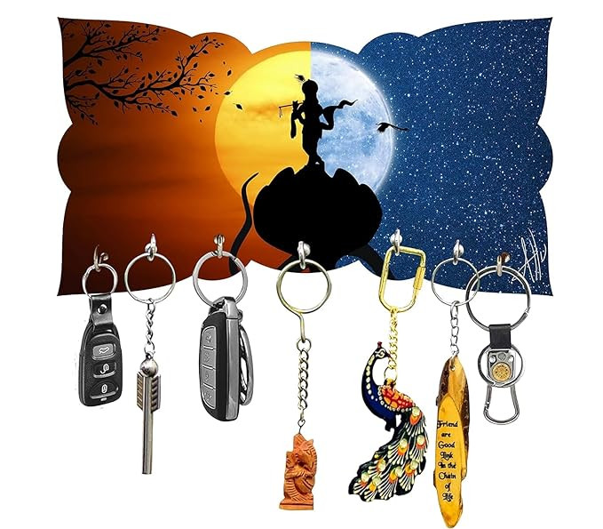 Wooden Wall Key Holder – Elegant Key Stand with Multiple Hooks for Home Décors & Office (Krishna with Flute)