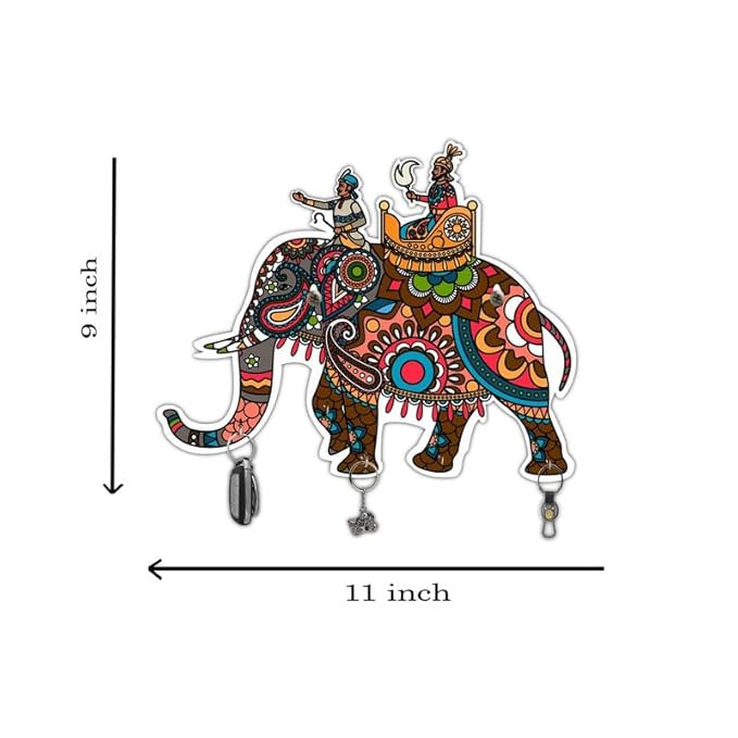 Millionminds Decorative Indian Elephant Boho Style Design Wooden Key Organizer Wall-Mounted Key Holder for Home Décor, Garage, Entryway, Keychain Hangers for Office, Gift Items (4 Hooks), PKH24
