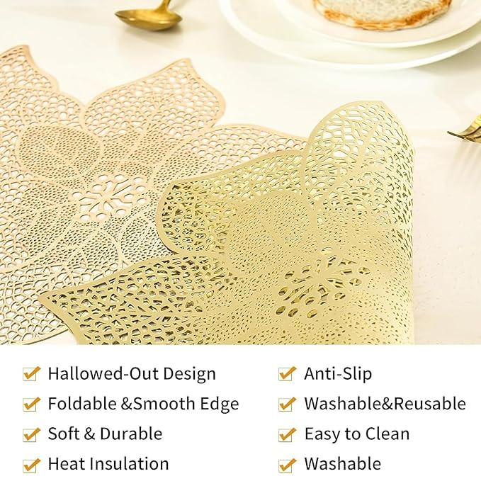 TIED RIBBONS Pack of 1 Table Mat Flower Leaf Shape Placemats for Dining Table Kitchen Mats Pot Non-Slip Heat Resistant Wipeable Washable Tableware (93 x 32cm, PVC, Golden)