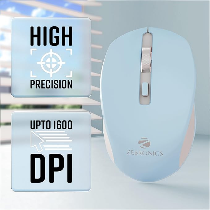 ZEBRONICS Zeb-Jaguar Wireless Mouse, 2.4GHz with USB Nano Receiver, High Precision Optical Tracking, 4 Buttons, Plug & Play, Ambidextrous, for PC/Mac/Laptop (Light Blue+Grey)