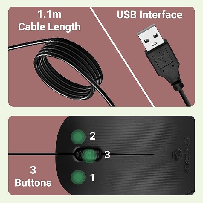 Zebronics Zeb-Power Wired USB Mouse, 3-Button, 1200 DPI Optical Sensor, Plug & Play, for Windows/Mac
