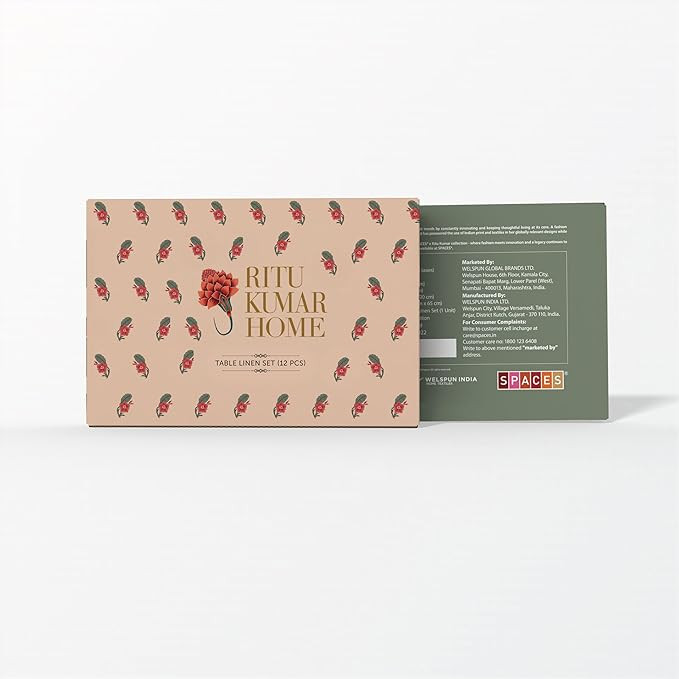 Spaces Home Table Linen Set of 12 Florared Design | Napkins, Placemats, Coasters | 100% Cotton | Premium Gifting Set by Welspun