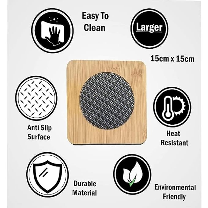 Square Wooden Heat-Resistant Coaster & Placemat – Table Protector Pad for Hot Bowls, Cups, Pans & Kitchen Dining Use