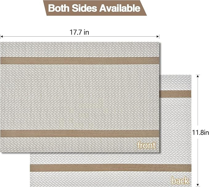 daiDokoro Rectangular Crossweave Woven PVC Vinyl Non-Slip Insulation Heat-Resistant & Waterproof Stain Resistant Washable Placemat for Dining & Kitchen Table-(Beige & Gold,Set of 6)