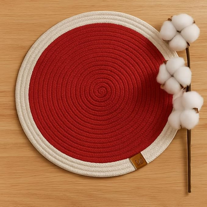 Cotton Rope Placemats, Round Red with White Border, Set of 4, Heat Resistant Table Mats