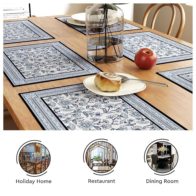 Encasa XO Dining Table Mats Set of 6 | Indigo-02 Block Printed Cotton Canvas Placemat - 46x32 cm | Jaipur Sanganeri Hand Print
