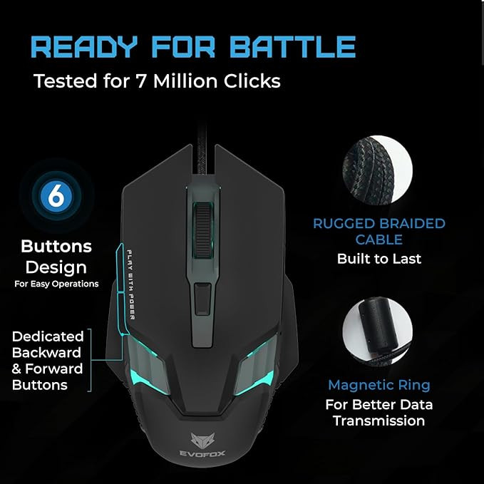 EvoFox Starter Series Spectre USB Wired Gaming Mouse | Upto 3600 DPI Gaming Sensor | 6 Buttons | Upto 7 Million Clicks | 7 Colours Rainbow Lighting with Breathing Effect | 1.5m Braided Cable (Black)