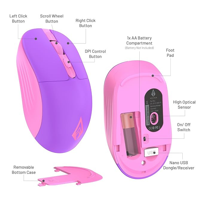 Archer Tech Lab Wireless Mouse,2.4GHz USB Nano Receiver, 3 DPI (800/1200/1600), Ergonomic Lightweight Design 55g,10M Range, Plug & Play, 2 Million Clicks, for Windows PC/Laptop (Precision 100-Purple)