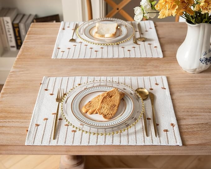 Handmade Cotton Dining Table Placemats | Heat Resistant Dining Table Place Mats |Kitchen Tabletop|Kitchen Coffee Center Table & Eating Areas (Brown & White, 6 Pcs Placemats with Runner)