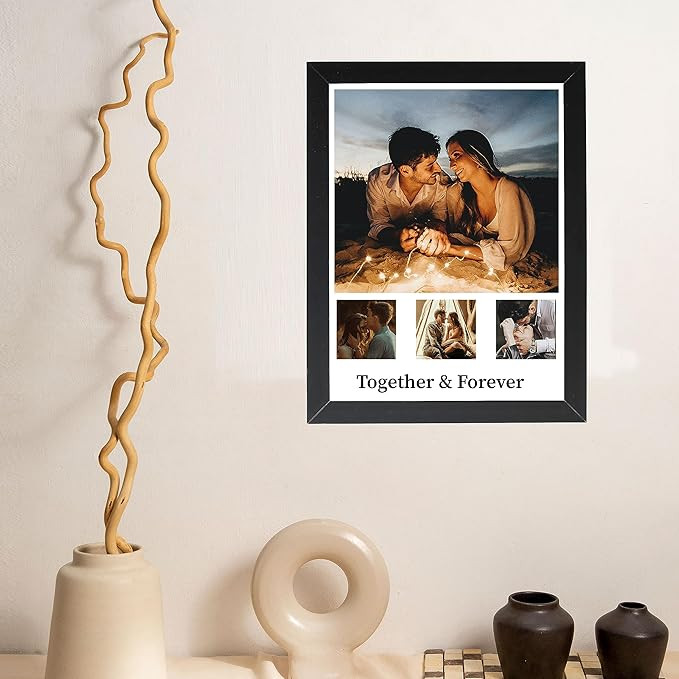 Wood 4 Images Collage And Your Customized Text - Personalized Black Photo Frame With Photo Upload For All Occasion - 6X8 Inch, Wall Mount, Rectangular