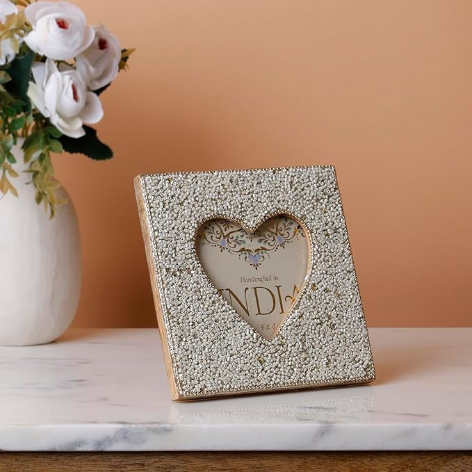 CASADECOR 4x4 Inches Wood & Beads Bedazzled Heart Photo Frame - White | Wooden Picture Frame For Home, Bedroom and Office Table Décor | Gifts For Birthday, Anniversary & Valentines Day