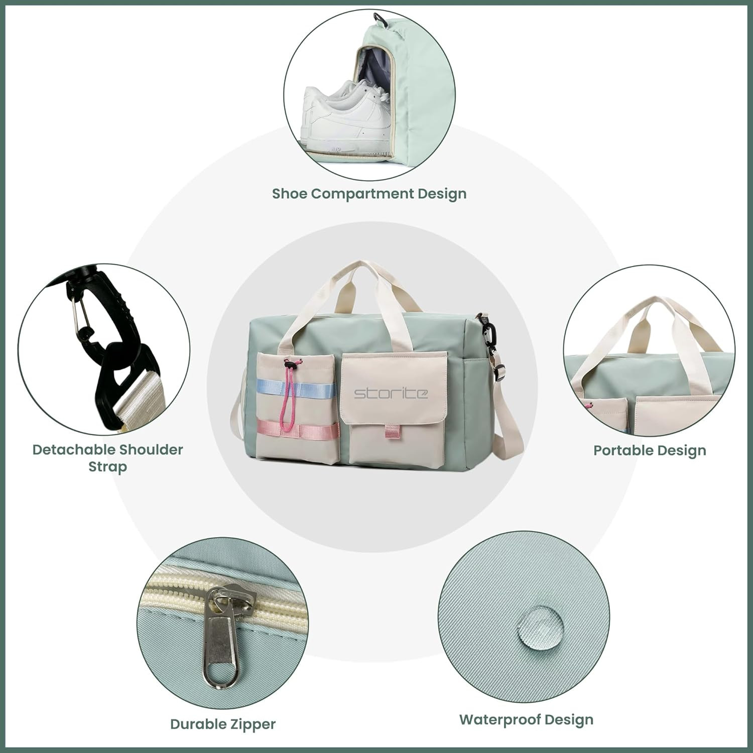 Storite Nylon 44 cms Imported Travel Duffle Bag Multi- Pocket Sports Shoulder Bag for Women with Wet Pocket & Shoe Compartment Weekender Overnight Travel Luggage Bag (Pista Green -44cmX31cmX17cm)