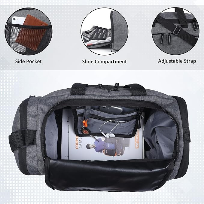 Wooum Sports Gym Bag,Travel Duffel Bag with Shoes Compartment for Men Women, 43x29x28 Cm Approx 35L, Lightweight - Grey