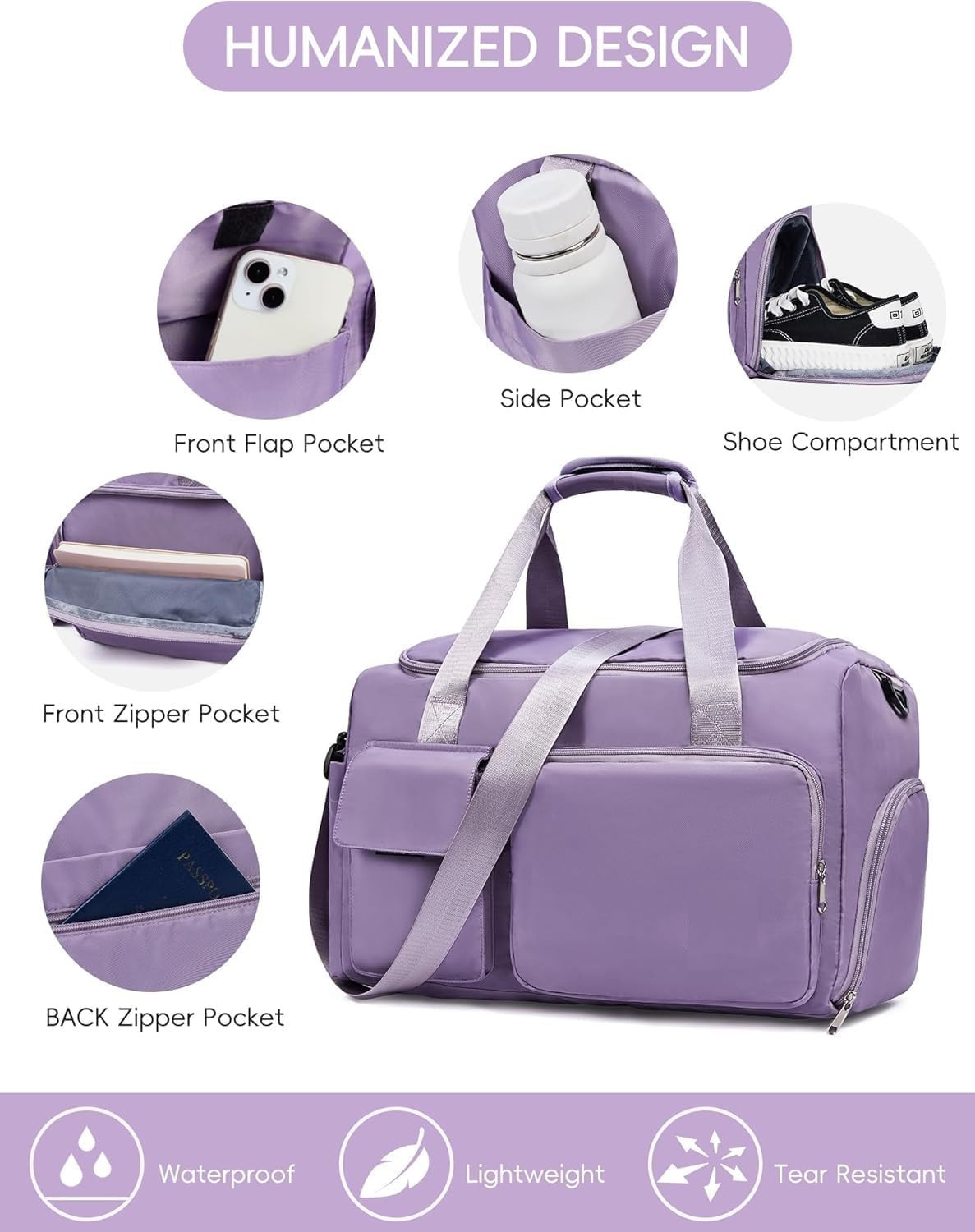 Zollyss Travel Duffel Bag with Shoes Compartment Sports Gym Bag with Dry Wet Separated Pocket for Men and Women, Overnight Bag Weekender Bag Training Handbag (Purple)