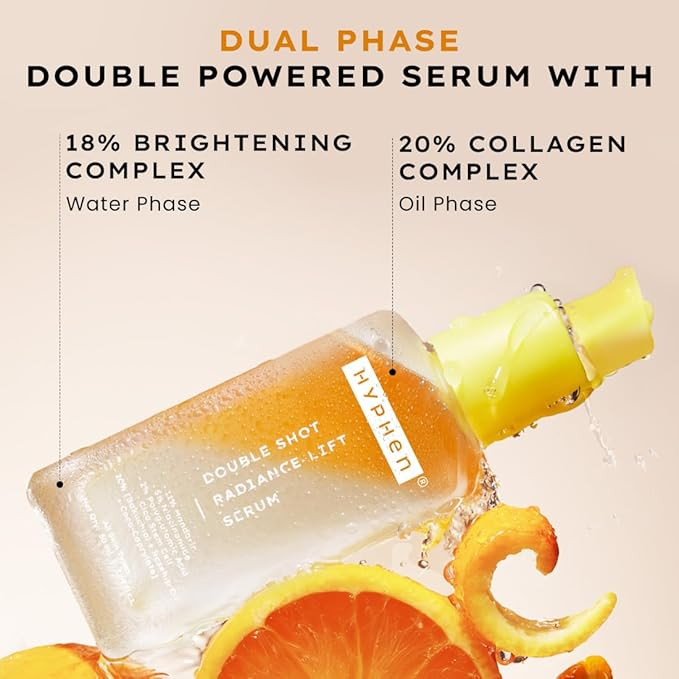 Hyphen 18% Brightening + 20% Collagen Face Serum | Double Shot Serum with 11% Mandarin 5% Niacinamide 2% PGA & Bakuchiol | Winter Skincare | Brightening, Hydrating & Collagen Boost for Dry Skin - 50ml
