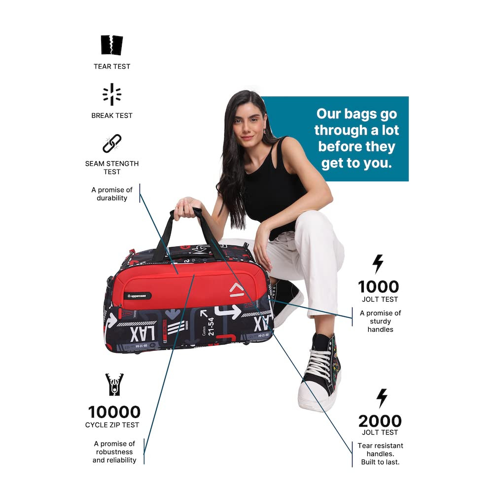 uppercase JFK 55 Cm Duffle Bag | 44 LTS |Dust Resistant Travel Polyester Duffle Bag | Spacious Main Compartment|Adjustable Shoulder Strap | Sustainable Duffle Bags for Women & Men|(Red)