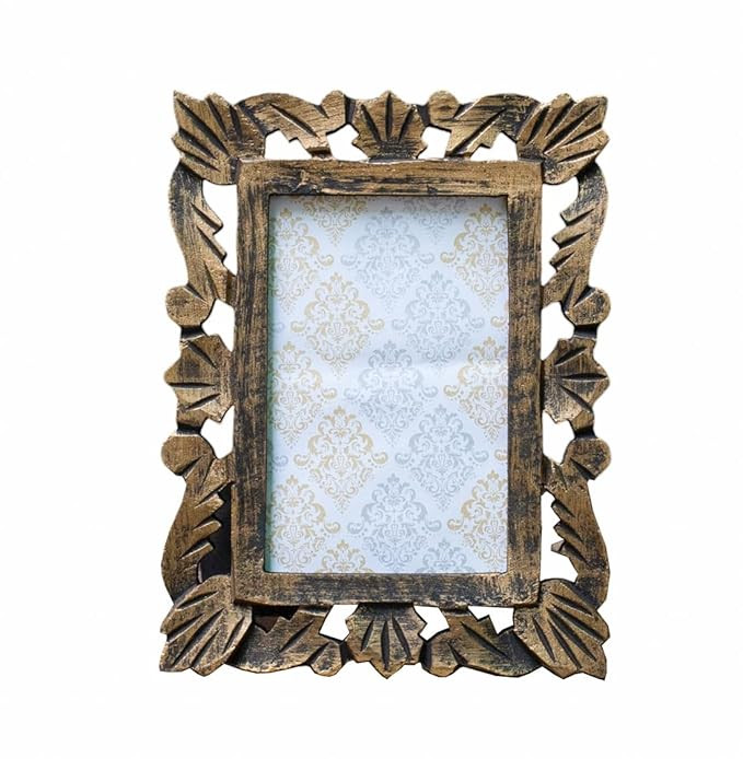 Adan's Homes Tabletop Rectangular Photo Frame Wooden Table Top Gold Color 22 x 16 CM Pack Of One Antique Style Elegantly Hand Crafted Floral Carving Frame For Home And Office Decor AHPF01