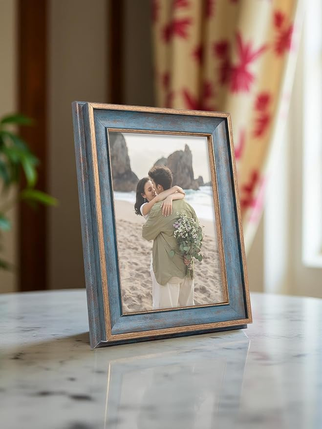 GOLDEN PEACOCK 5x7 Inch Navy Blue & Gold Table Top Photo Frame | Horizontal & Vertical Display | Glass Front | Decorative PVC Frame for Home Decor & Gifting (Grey Blue & Gold)