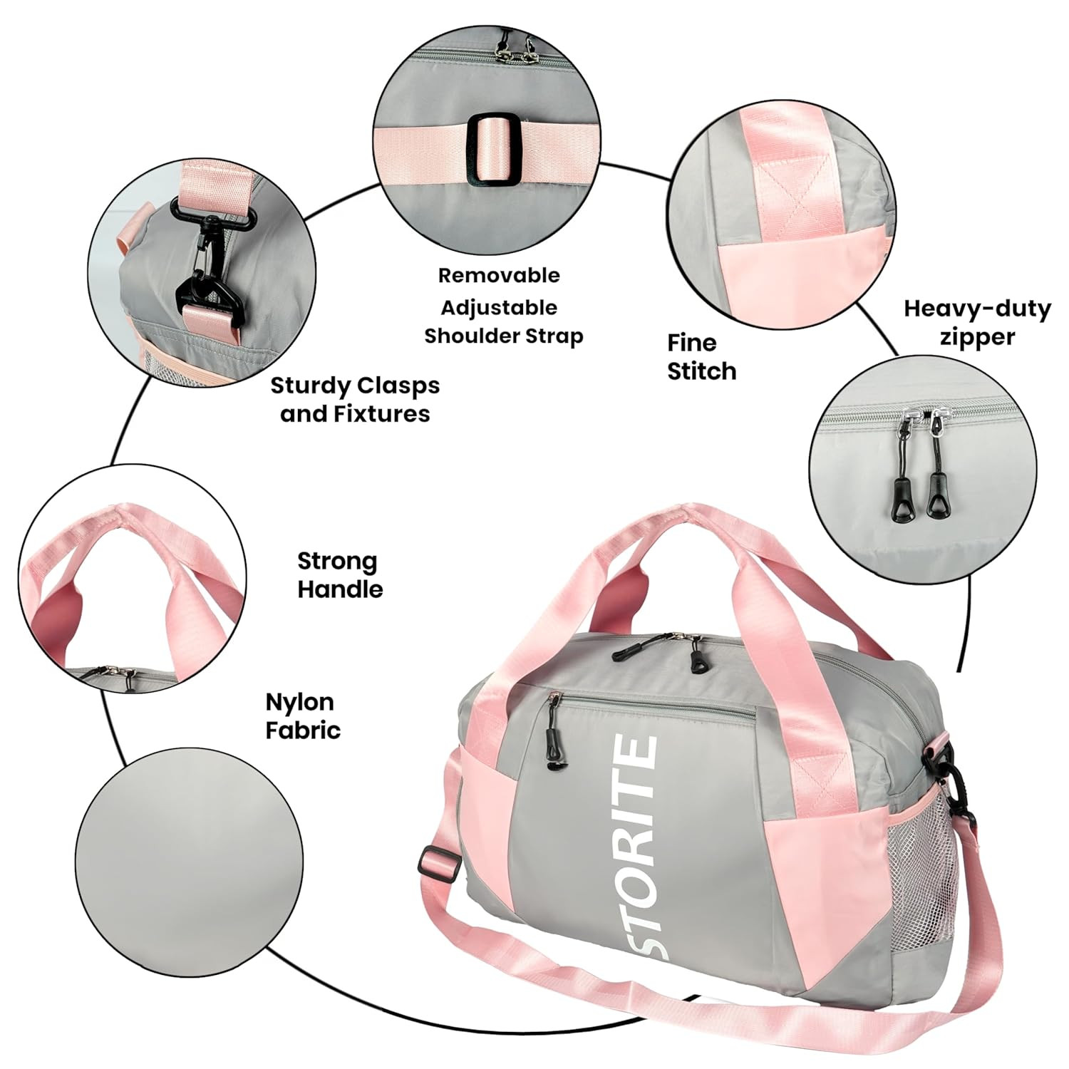 Storite Nylon 47 Cm Imported Travel Duffle Bag, Sports Shoulder Bag for Women with Wet Pocket & Shoe Compartment Weekender Overnight Luggage Bag (Light Grey with Pink, 47 x 20 x 28 Cm)